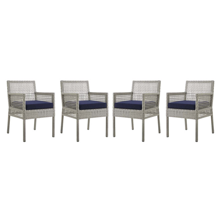 Aura Dining Armchair Outdoor Patio Wicker Rattan Set of 4, Fabric Rattan Wicker, Grey Gray Navy Blue, 17514