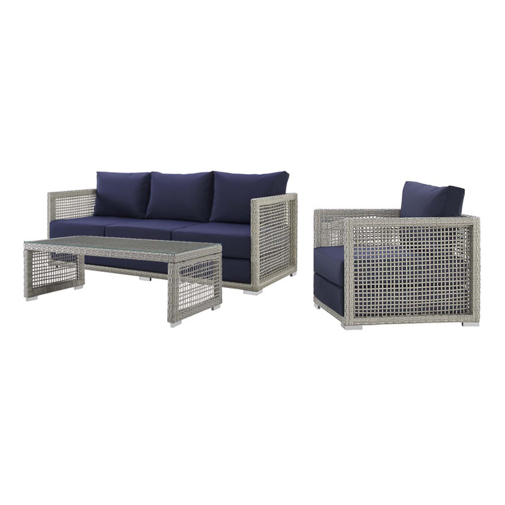 Aura 3 Piece Outdoor Patio Wicker Rattan Set, Rattan Wicker Fabric, Grey Gray Navy Blue, 17522