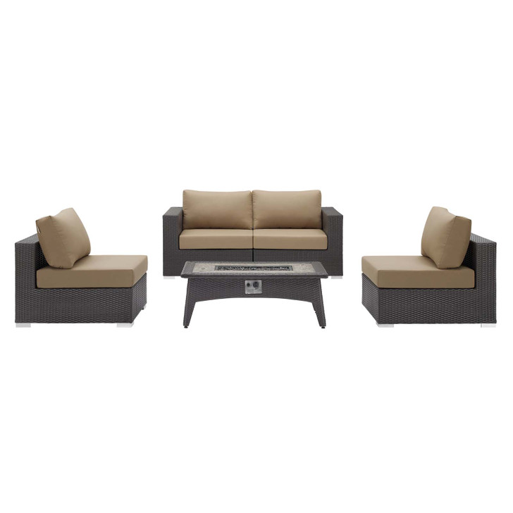 Convene 5 Piece Set Outdoor Patio with Fire Pit, Fabric Rattan Wicker, Light Brown, 17589
