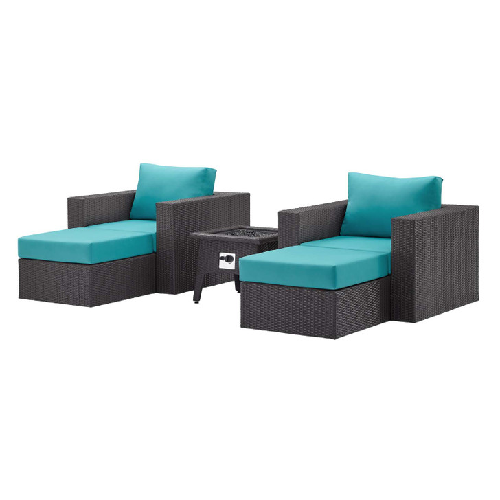 Convene 5 Piece Set Outdoor Patio with Fire Pit, Fabric Rattan Wicker, Blue, 17606