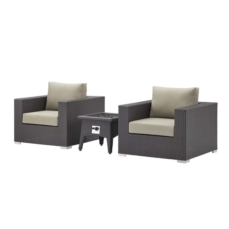 Convene 3 Piece Set Outdoor Patio with Fire Pit, Fabric Rattan Wicker, Beige, 17608