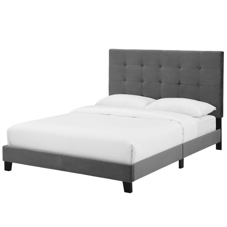 Melanie Queen Tufted Button Upholstered Performance Velvet Platform Bed, Velvet Fabric, Grey Gray, 17624