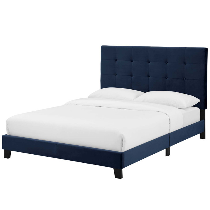 Melanie King Tufted Button Upholstered Performance Velvet Platform Bed, Velvet Fabric, Navy Blue, 17630