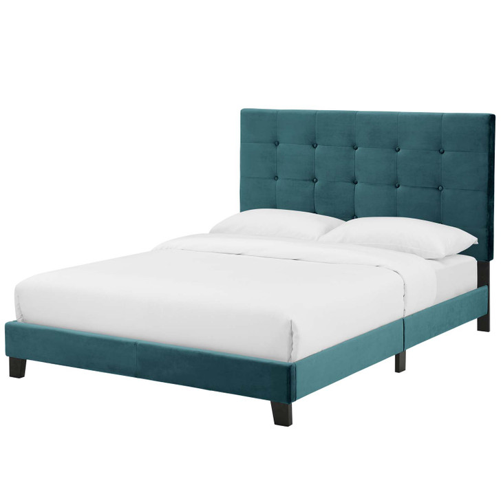 Melanie King Tufted Button Upholstered Performance Velvet Platform Bed, Velvet Fabric, Blue, 17631