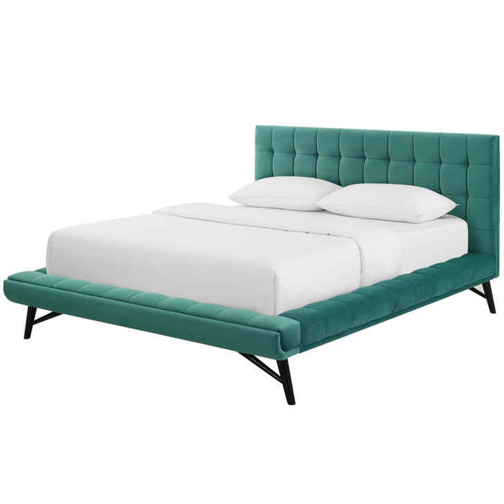 Julia Queen Biscuit Tufted Performance Velvet Platform Bed, Velvet Fabric, Aqua Blue, 17765