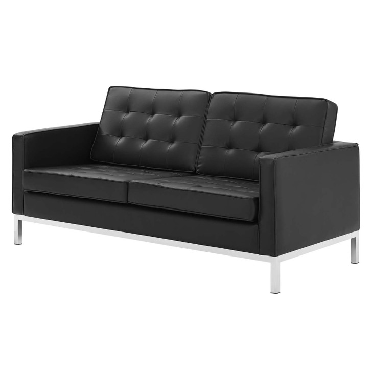 Loft Tufted Upholstered Faux Leather Loveseat, Faux Vinyl Leather, Black Silver, 17805