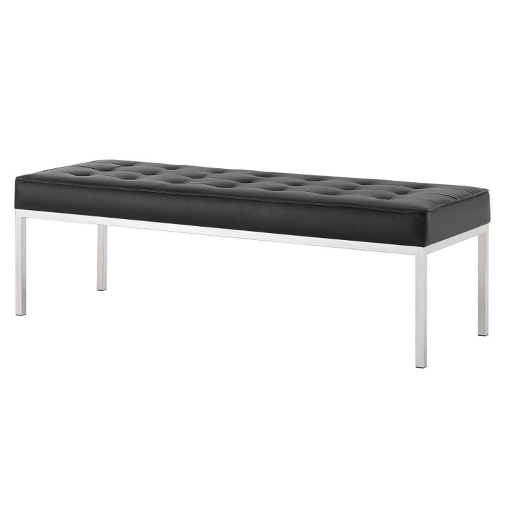 Loft Tufted Large Upholstered Faux Leather Bench, Faux Vinyl Leather Metal Steel, Black Silver, 17809