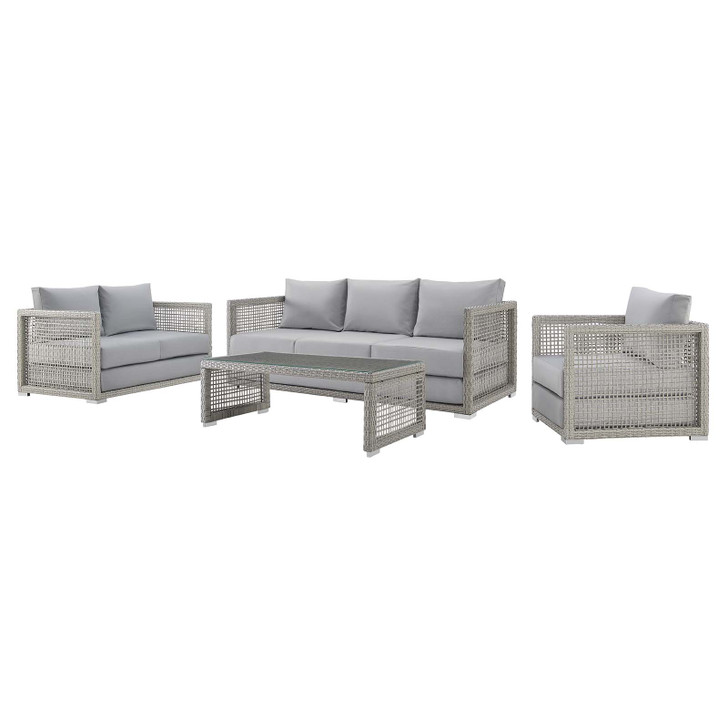 Aura 4 Piece Outdoor Patio Wicker Rattan Set, Rattan Wicker Fabric, Grey Gray, 17850