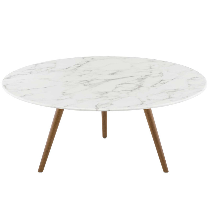 Lippa 36" Round Artificial Marble Coffee Table with Tripod Base, Artificial Marble Stone Metal, White Natural Walnut, 17882