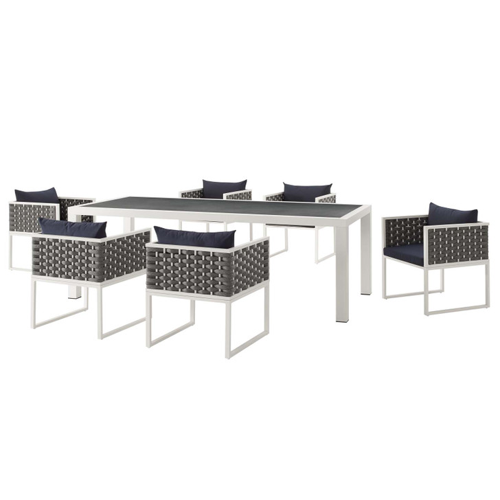 Stance 7 Piece Outdoor Patio Aluminum Dining Set, Aluminum Fabric, Navy Blue White, 17989