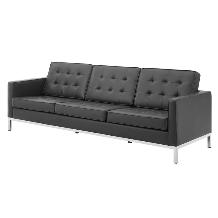 Loft Tufted Upholstered Faux Leather Sofa, Faux Vinyl Leather Metal Steel, Black Silver, 17998