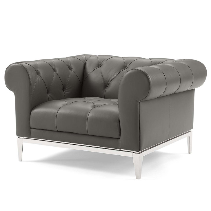 Idyll Tufted Button Upholstered Leather Chesterfield Armchair, Leather, Grey Gray, 18066