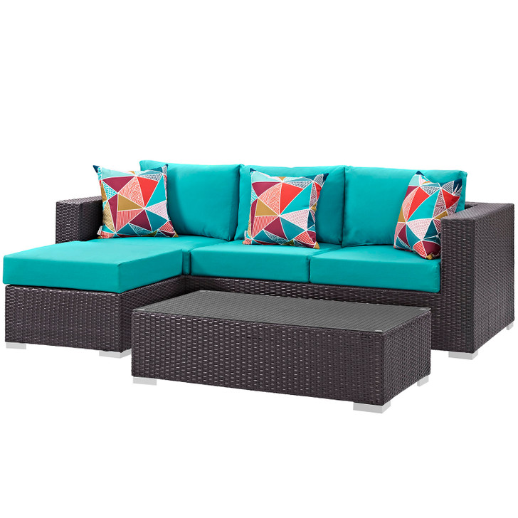 Convene 3 Piece Outdoor Patio Sofa Set, Rattan, Wicker, Dark Brown Blue, 18119