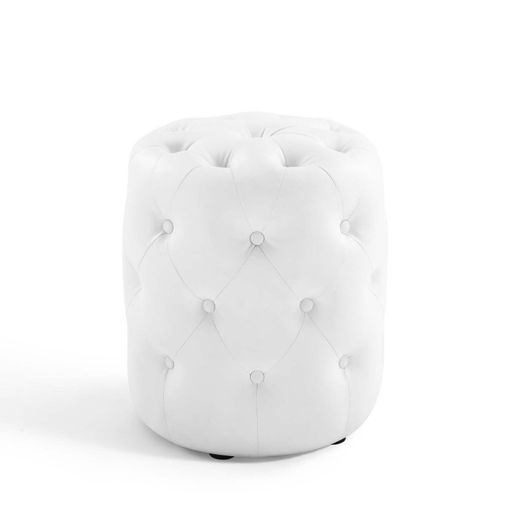 Amour Tufted Button Round Faux Leather Ottoman, Faux Leather, White, 18399