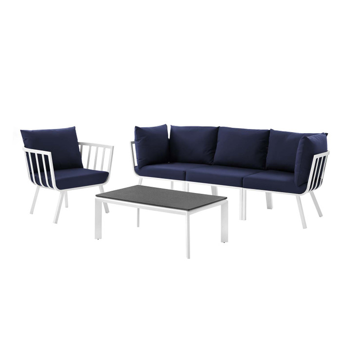 Riverside 5 Piece Outdoor Patio Aluminum Set, Aluminum, Metal, Steel, White Blue Navy, 18434