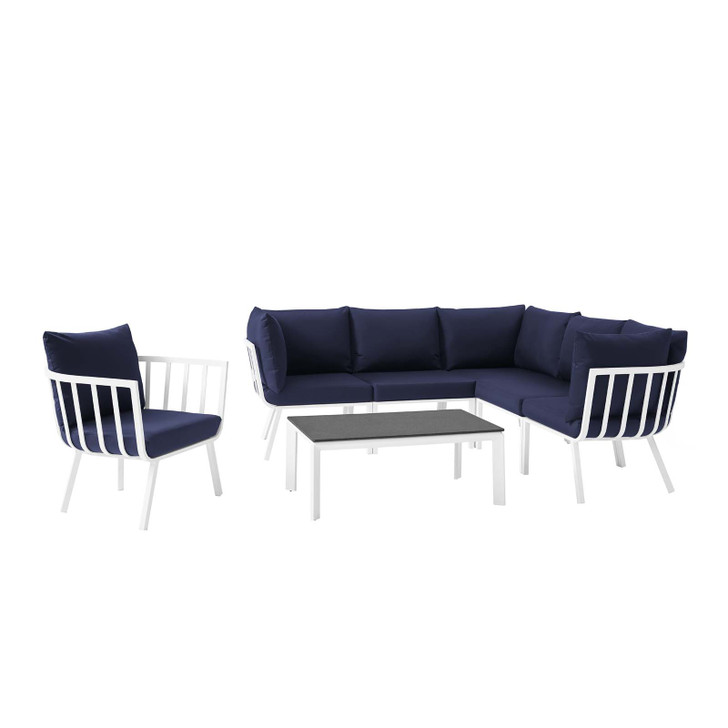 Riverside 7 Piece Outdoor Patio Aluminum Set, Aluminum, Metal, Steel, White Blue Navy, 18458