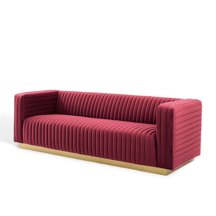 Charisma Channel Tufted Performance Velvet Living Room Sofa, Velvet, Red, 18680