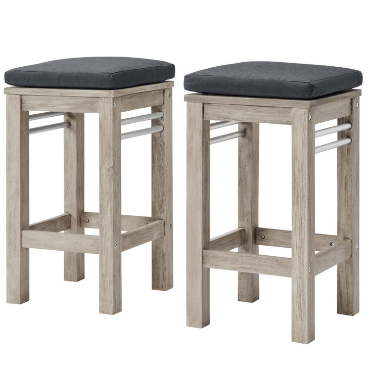 Wiscasset Outdoor Patio Acacia Wood Bar Stool Set of 2, Wood, Light Grey Gray, 18889