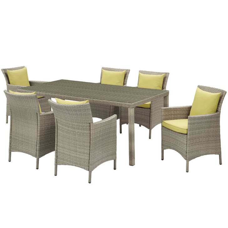 Conduit 7 Piece Outdoor Patio Wicker Rattan Dining Set, Rattan, Wicker, Light Grey Gray Green, 19002