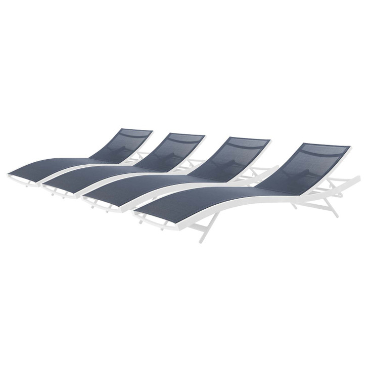 Glimpse Outdoor Patio Mesh Chaise Lounge Set of 4, Aluminum, Metal, Steel, White Blue Navy, 19115