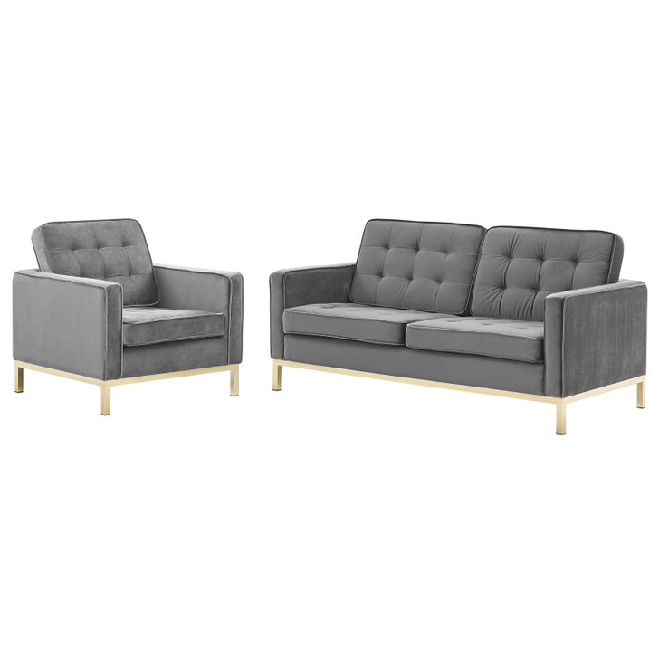 Loft Gold Stainless Steel Leg Performance Velvet Loveseat and Armchair Set, Velvet, Steel, Gold Grey Gray, 19199