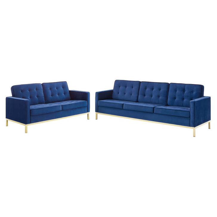 Loft Gold Stainless Steel Leg Performance Velvet Sofa and Loveseat Set, Velvet, Steel, Gold Blue Navy, 19212