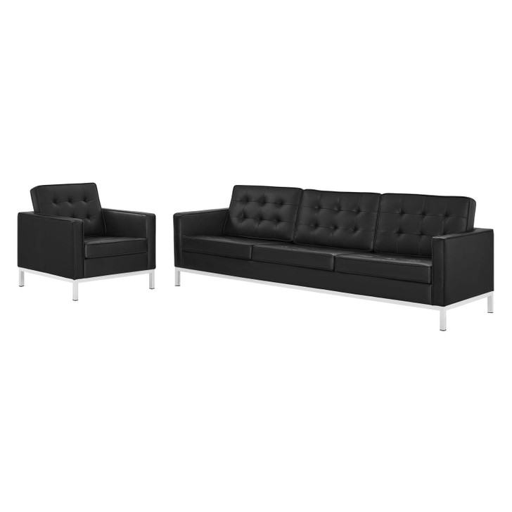 Loft Tufted Upholstered Faux Leather Sofa and Armchair Set, Faux Leather, Silver Black, 19232