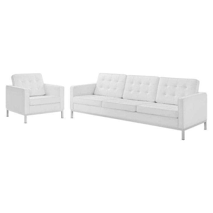 Loft Tufted Upholstered Faux Leather Sofa and Armchair Set, Faux Leather, Silver White, 19236