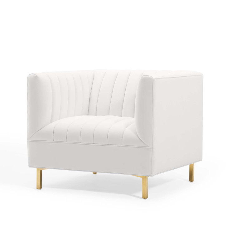 Shift Channel Tufted Performance Velvet Armchair, Velvet, White, 19292