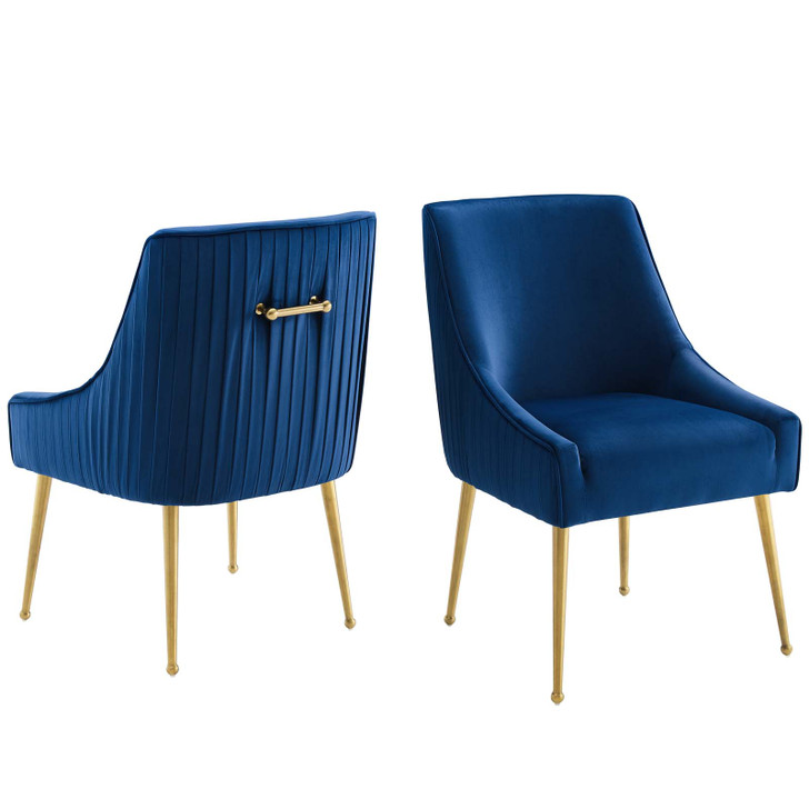 Discern Pleated Back Upholstered Performance Velvet Dining Chair Set of 2, Velvet, Metal Steel, Blue Navy, 19383