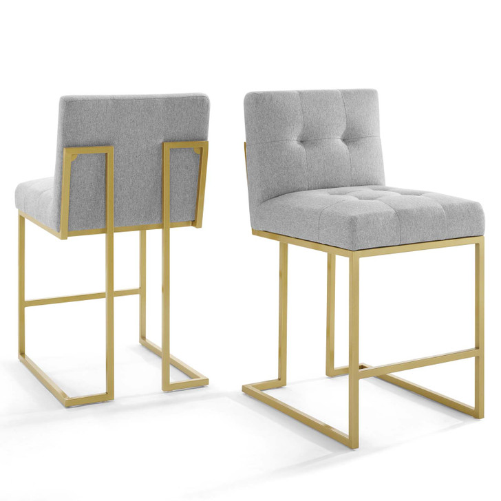 Privy Gold Stainless Steel Upholstered Fabric Counter Stool Set of 2, Fabric, Metal Steel, Gold Light Grey Gray, 19405