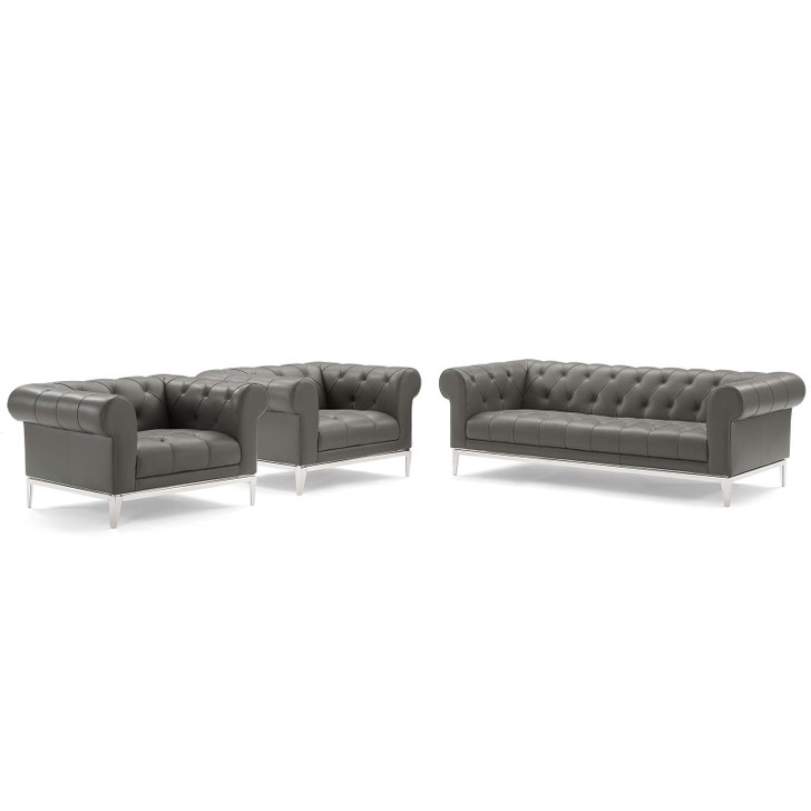 Idyll Tufted Upholstered Leather 3 Piece Set, Leather, Grey Gray, 19496