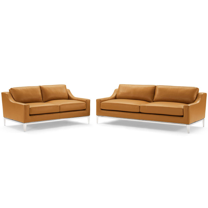 Harness Stainless Steel Base Leather Sofa and Loveseat Set, Leather, Steel, Tan, 19503
