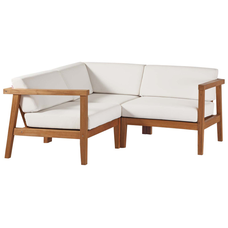 Bayport Outdoor Patio Teak Wood 3-Piece Sectional Sofa Set, Wood, Brown Natural White, 19598