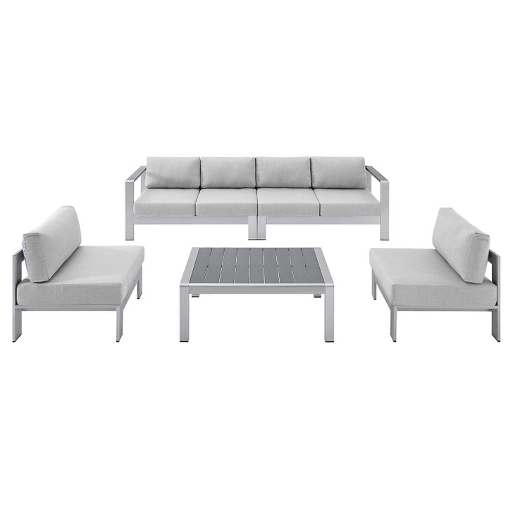 Shore Sunbrella® Fabric Outdoor Patio Aluminum 5 Piece Sectional Sofa Set, Fabric, Aluminum, Metal, Steel, Silver Grey Gray, 19763