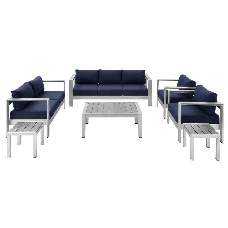 Shore Sunbrella® Fabric Outdoor Patio Aluminum 7 Piece Set, Fabric, Aluminum, Metal, Steel, Silver Blue Navy, 19774