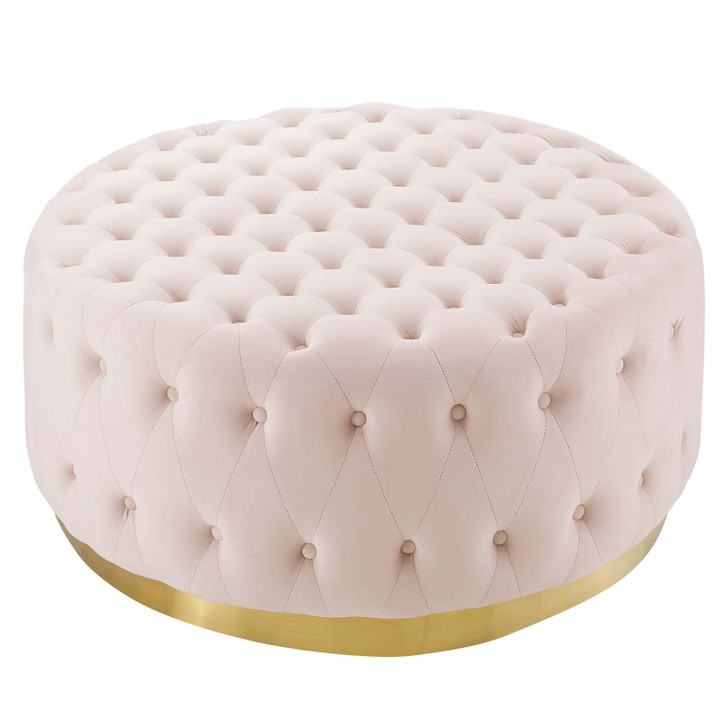 Ensconce Tufted Performance Velvet Round Ottoman, Velvet, Pink, 19782