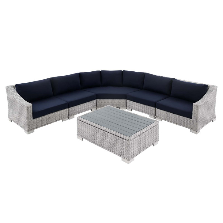 Conway Sunbrella® Outdoor Patio Wicker Rattan 6-Piece Sectional Sofa Set, Rattan, Wicker, Light Grey Gray Blue Navy, 19834