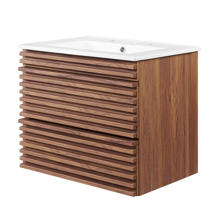 Render 24" Wall-Mount Bathroom Vanity, Wood, Brown Walnut White, 20057