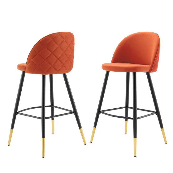 Cordial Performance Velvet Bar Stools - Set of 2, Velvet, Metal Steel, Orange, 20214