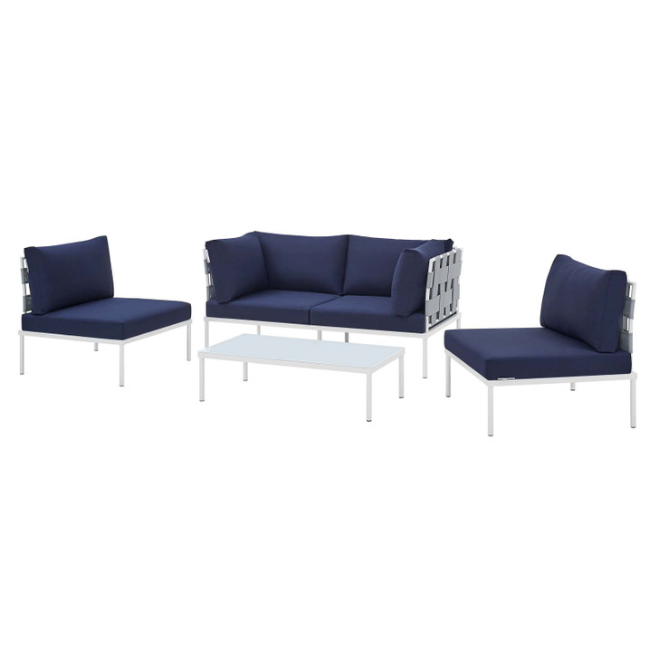 Harmony 4-Piece Sunbrella® Outdoor Patio Aluminum Seating Set, Aluminum, Metal, Steel, Grey Gray Blue Navy, 20432