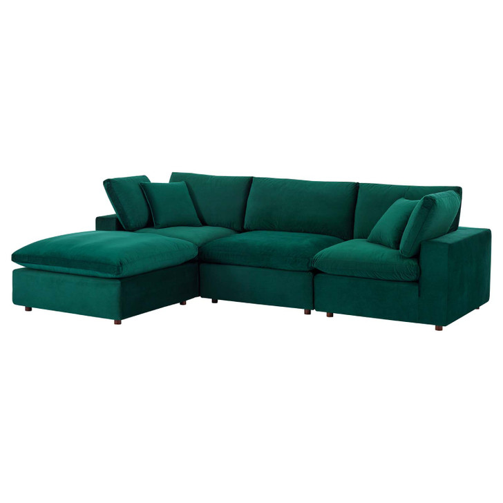 Commix Down Filled Overstuffed Performance Velvet 4-Piece Sectional Sofa, Velvet, Green, 20575