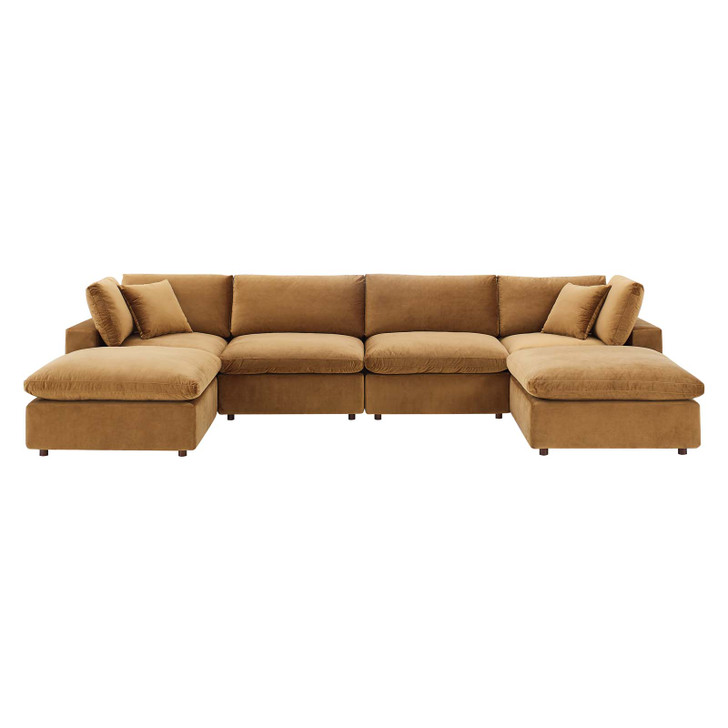 Commix Down Filled Overstuffed Performance Velvet 6-Piece Sectional Sofa, Velvet, Brown, 20594