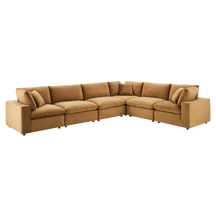 Commix Down Filled Overstuffed Performance Velvet 6-Piece Sectional Sofa, Velvet, Brown, 20615