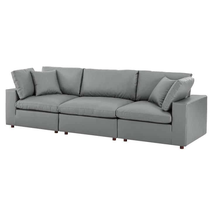 Commix Down Filled Overstuffed Vegan Leather 3-Seater Sofa, Faux Vegan Leather, Grey Gray, 20697