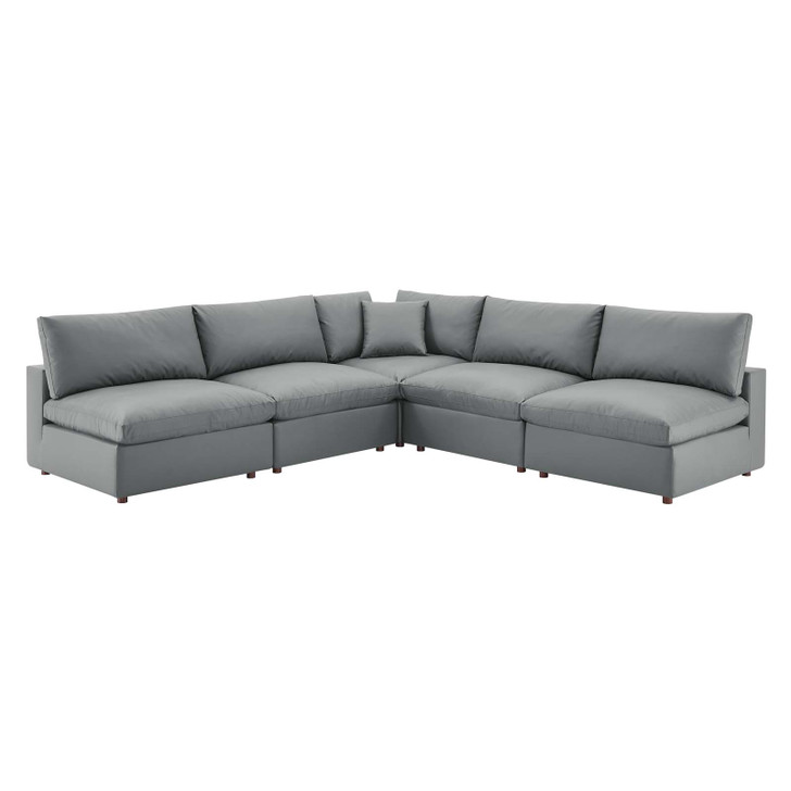 Commix Down Filled Overstuffed Vegan Leather 5-Piece Sectional Sofa, Faux Vegan Leather, Grey Gray, 20712