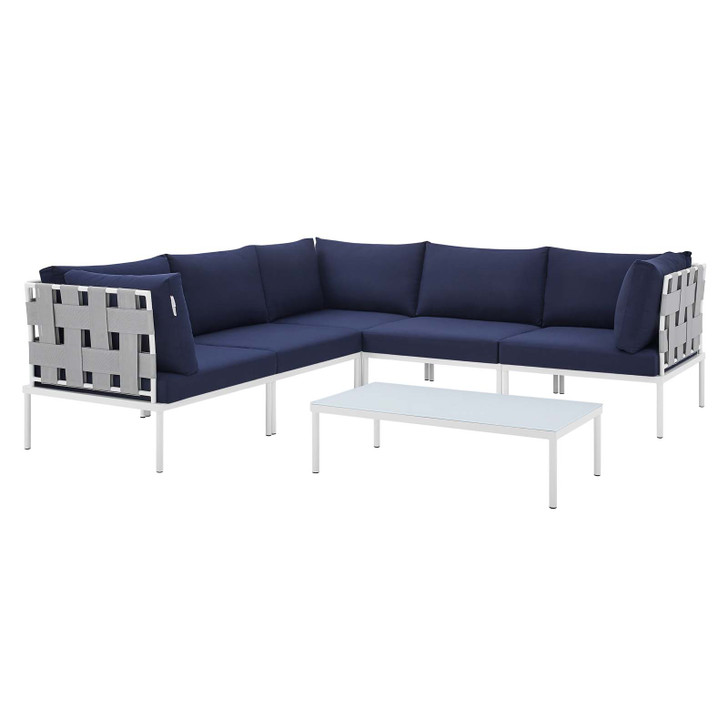 Harmony 6-Piece Sunbrella® Outdoor Patio Aluminum Sectional Sofa Set, Aluminum, Metal, Steel, Grey Gray Blue Navy, 20738