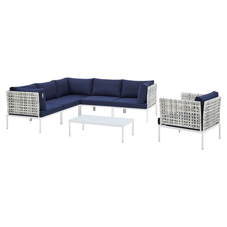 Harmony 7-Piece Sunbrella® Basket Weave Outdoor Patio Aluminum Sectional Sofa Set, Aluminum, Metal, Steel, Blue Navy, 20748