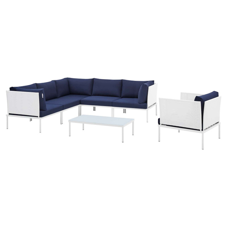 Harmony 7-Piece Sunbrella® Outdoor Patio Aluminum Sectional Sofa Set, Aluminum, Metal, Steel, White Blue Navy, 20752