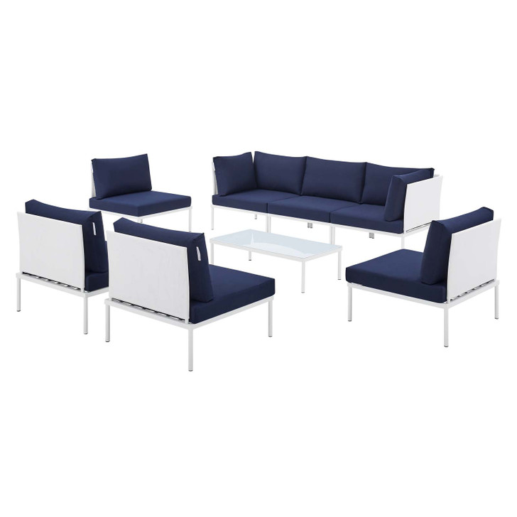 Harmony 8-Piece Sunbrella® Outdoor Patio Aluminum Sectional Sofa Set, Aluminum, Metal, Steel, White Blue Navy, 20760